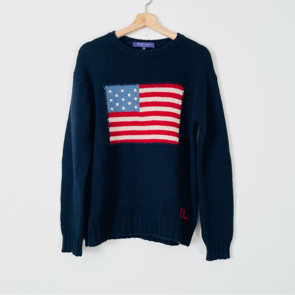 Ralph Lauren 100% cashmere SMALL Purple Label USA Flag Knit Sweater in Navy
